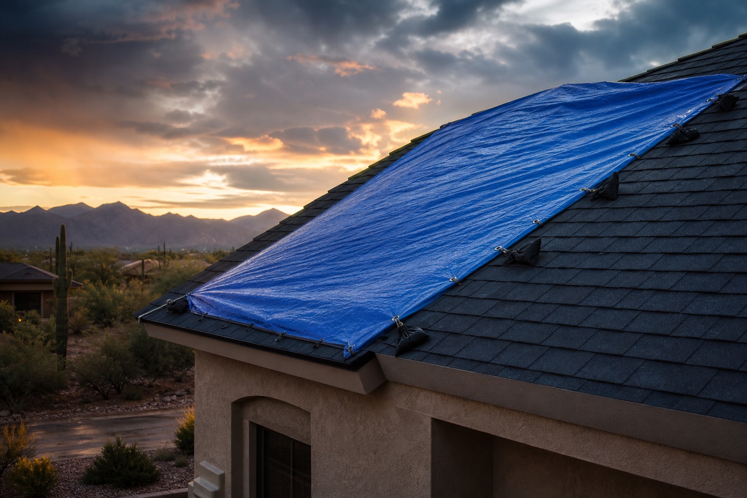 Blue emergency tarp secured over a Phoenix-area roof after a monsoon storm